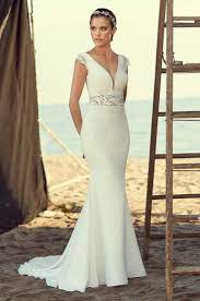 V Neck Cap Sleeve Lace And Crepe Fit And Flare Wedding Dress By Mikaella Image Ca Fit And Flare Wedding Dress Wedding Dresses Wedding Dresses Kleinfeld