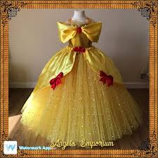 The Original Princess Belle From Beauty And The Beast Inspired Tutu Dress Ball Pageant Costume Luxury Satin Gown Yellow Red Roses Gold Tutu Belle Dress Kids Girls Pageant Dresses Disney Princess