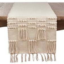 Saro Lifestyle Ivory Cotton Tassel Moroccan Design Table Runner Beige Boho Table Runner Table Runners Moroccan Design