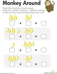 Monkey Math Add The Bananas Worksheet Education Com Math For Kids Preschool Math Kindergarten Math Worksheets