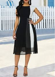 Women S Black And White Cape Sleeve High Waisted A Line Dress Color Block Short Sleeve Midi Casual Dress In 2020 High Waist Dress Half Sleeve Dresses Colorful Dresses