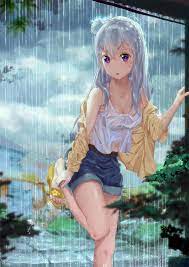 Wallpaper : anime girls, wet clothing, see through clothing, rain, shorts,  no bra, open shirt, long hair, gray hair, purple eyes, Emilia Re Zero, Re  Zero Kara Hajimeru Isekai Seikatsu 1600x2262 -