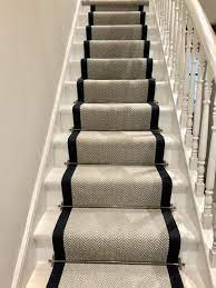 Grey Herringbone Stair Runner With Navy Trim Victoriawoodley Carpet Staircase Staircase Design Carpet Stairs