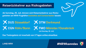 Wer aus einem risikogebiet zurückkehrt, muss nach der einreise umgehend in quarantäne und sich für einen zeitraum von 10 tagen isolieren. Staatskanzlei Nrw On Twitter Einreisende Aus Risikogebieten Mussen Grundsatzlich Fur 14 Tage In Quarantane Ausnahme Ein Negativer Corona Test An Den Flughafen Dusseldorf Dortmund Koln Und Munster Osnabruck Konnen Sich Reiseruckkehrer Nun