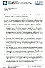 Phivolcs taal volcano advisory 6 july 2021 8:00 am. Phivolcs Lowers Taal Volcano S Status To Alert Level 1 Gma News Online