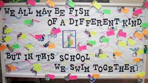 Bulletin boards are a staple of any classroom. We All Swim Together Bulletin Board Idea Kinderart