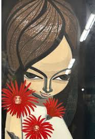 Girl w/Flowers Original Wood Block Print Signed Shu Ikeda (Gabera)