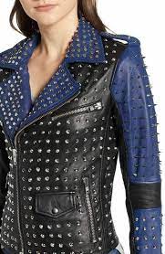Women Blue Studded Jacket Women S Blue Black Blue Contrast Genuine Leather Ebay Blue Leather Jacket Studded Jacket Leather Jackets Women