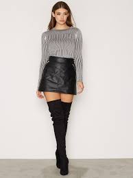 Black A Line Mini Skirt Outfit Cute Outfit A Line Leather Miniskirt And Thigh Boots Leather Mini Skirts Fashion Boots Outfit
