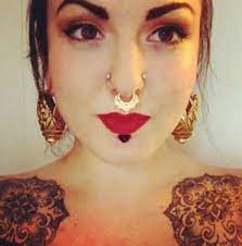 Ornate Septum Ring Double Nostril Stretched Labret Ear Weights And Chest Tattoos This Is Exactly What I W Body Piercing Jewelry Body Piercings Septum Ring