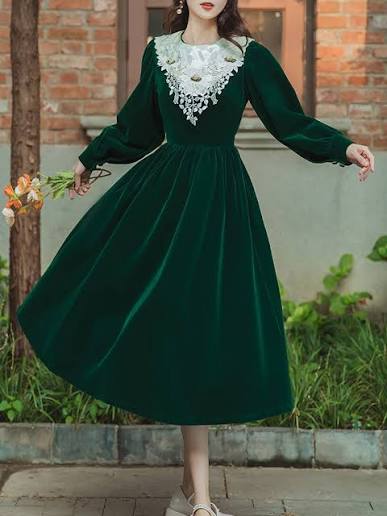 green long velvet dress Emerald Flower Lace Sleeve Vintage Dress, Emerald Green / L you must wrap the Lauren Ralph Lauren Women's Features_Designer Color:Navy Blue Color – www.simoneirani.com