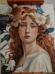 Her name is Flora : She is the mythical Roman Goddess of flowers and  fertility... A few people in our group suggested I try flowers and this is  a version in my