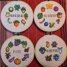 A bundle of all the seasonal crop designs from stardew valley. Stardew Valley Seasonal Crop Cross Stitch Series That My Fiancee Did Cross Stitch Art Stardew Valley Cross Stitch
