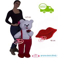 Pelus Ayi 117 Cm Cicek Gul Buketli Love Dudak Kalp Hediyeli Ayi Oyuncak Cicek