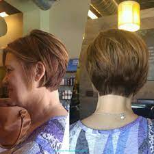 Short Sassy Brunette Long Pixie Forward Diagonal Disconnected Bob With Caramel Highlights Long Pixie Hair Styles Disconnected Bob