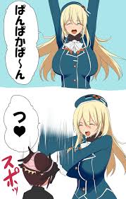 kloah, atago (kancolle), little boy admiral (kancolle), kantai collection,  highres, translated, 10s, 1boy, 1girl, 2koma, blonde hair, breasts, brown  hair, comic, huge breasts, object on head, pan