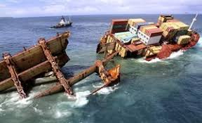 half of wrecked cargo ship sinking in