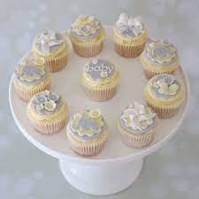Pale Grey And Yellow Elephant Baby Shower Cupcakes Www Cuppiesncream Co Uk Baby Shower Cakes For Boys Baby Shower Cupcakes Neutral Baby Shower Cupcakes