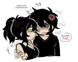 andrew graves, renee graves, the coffin of andy and leyley, 1boy, 1girl,  angry, arm around shoulder, black hair, black sweater, black vest, english  text, green eyes, homufufu, implied incest, mother and son,