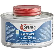 For safety, never light the sterno before putting liquid into the water pan and never use the chafing dish and sterno without the water pan. Sterno 10364 4 Hour Handy Wick Chafing Fuel With Safety Twist Cap 24 Case