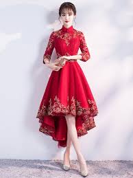Red Dip Hem Qipao Cheongsam Evening Dress Chinese Prom Dress Chinese Style Dress High Low Evening Dresses