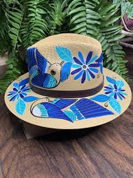 Blue Birds Hand Painted Panama Hat Painted Hats Painted Hat Hand Painted Hat