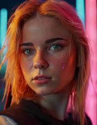 A woman with red hair and a black top looks at the camera