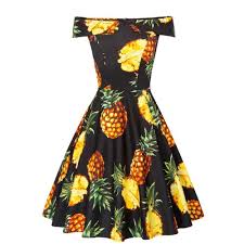 Womens Off The Shoulder Cotton Pineapple Print Rockabilly Dress Rockabilly Dress Pineapple Dress Vintage Rockabilly Dress