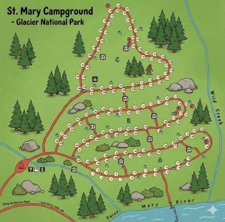St. Mary Campground Map – Loops A–C, River Access & Dump Station — CampChimp - AI for Camping