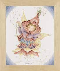 A lovely fantasy representation of the zodiac signs with a fairy, birds. Twinkle Twilight Patrick Cross Stitch Kit By Maria Van Scharrenburg