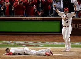 St Louis Cardinals Yadier Molina Reacts As Allen Craig Lays On Home Plate After Getting Tangl St Louis Cardinals Baseball Baseball World Series Cardinals Win