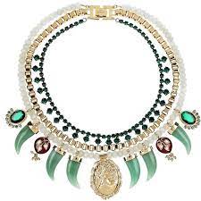 Mawi Gold Plated Cameo Charm And Adventurine Tusk Necklace Tusk Necklace Statement Jewelry Crystal Necklace