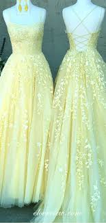 Pastel Yellow Lace Applique Spaghetti Strap Lace Up Back Prom Dresses Clover Sew Trendy Prom Dresses Prom Dresses Yellow Banquet Dresses