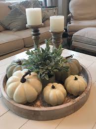 Easy Fall Decor Coffee Table Centerpiece Idea With White Pumpkins And Candlesticks Easy Fall Decor Coffee Table Centerpieces Farmhouse Fall Decor