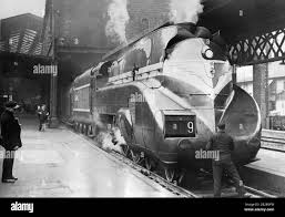 Testing a new French streamlined locomotive on the line to Calais. Here,  the start of such a test run of the streamliner No. 9 attached to the  'Calais Express Boat Train'. Streamlined