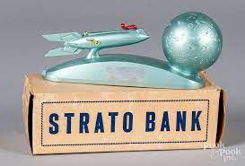 Bank, shape, vintage, strato, diecast, metal, spaceship, coin, overall, spring. Duro Mold Mechanical Strato Bank Sold At Auction On 15th August Bidsquare