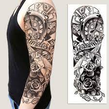 4 99 Gbp Full Arm Flower Rose Clocks Tribal Tattoo Temporary Stickers Body Art 3d Tattoo Ebay Fashion Tattoos Tattoo Fonts Body Art Tattoos