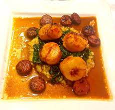 At its most basic, cooking refers the ways in which food is transformed by applying heat. Pan Seared U 10 Scallops With Andouille Sausage Spinach Risotto The Literate Chef