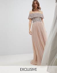 Maya Bardot Sequin Top Tulle Detail Dress With High Low Hem Available On Asos In Brown Bridesmaid Dresses High Low Bridesmaid Dresses High Low Cocktail Dress