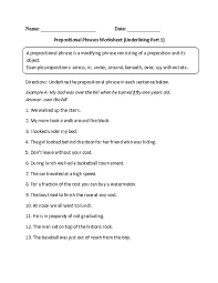 Underlining Prepositional Phrase Worksheet Prepositional Phrases Preposition Worksheets Prepositions