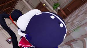 Anime women drinks juice and blows up into a blueberry