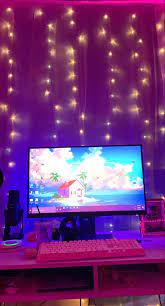My Pink Computer Set Up Fairy Lights Bedroom Fairy Lights Decor Led Lighting Bedroom