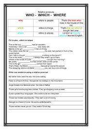 Relative Pronouns Who Which Where English Esl Worksheets