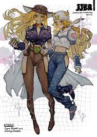 neg 50asu, gyro zeppeli, johnny joestar, jojo no kimyou na bouken, steel  ball run, highres, 2girls, belt, belt buckle, blonde hair, blue eyes,  boots, breasts, buckle, copyright name, full body, genderswap, genderswap (