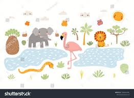 Hand Drawn Vector Illustration Of Cute Animals Lion Flamingo Elephant Snake African Landscap Hand Drawn Vector Illustrations Cute Animals Hand Drawn Vector