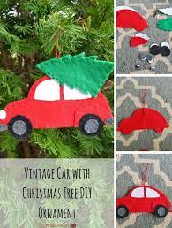 Vintage Car With Christmas Tree Diy Ornament Diy Christmas Tree Ornaments Felt Ornaments Diy Felt Christmas Ornaments
