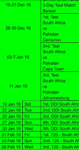 Get the pakistan team's full odis, t20s and test matches cricket schedules and list of all upcoming matches of pakistan cricket team at ndtv sports. News99 On Twitter Breaking Complete Schedule Of Pakistan Vs South Africa Series In South Africa From Dec 2018 To Feb 2019 Therealpcb Officialcsa Pakvssa Pcb Csa Https T Co Cy5fgv9cis