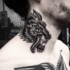 Finished the wolf neck piece on @thelifeofjans_ ! Wolf Head On Neck Tattoo By Alfred Hart Blackwork Style Inkably Co Uk