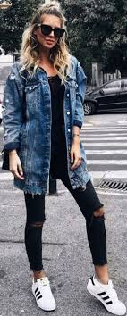 This Oversized Distressed Denim Jacket Paired With Frayed Black Skinny Jeans Is A Great Outfit Addition To Any F Long Denim Jacket Jacket Outfits Denim Fashion
