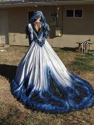 Gothic Wedding Gown In Metalic Blue And Black With Matching Veil Hand Painted And Dyed Hallo Dye Wedding Dress Tie Dye Wedding Dress Camouflage Wedding Dresses